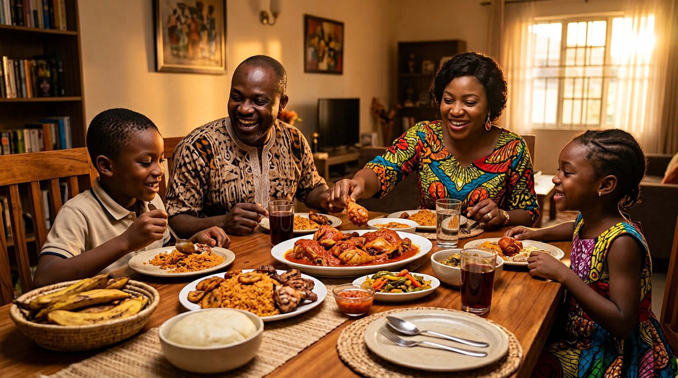 A family enjoying a chicken meal together
