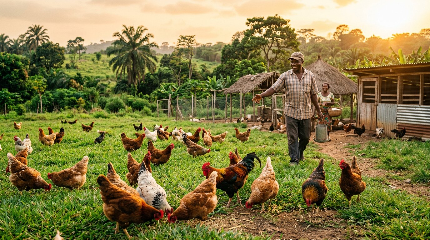 Free-range chickens on a green Nigerian farm