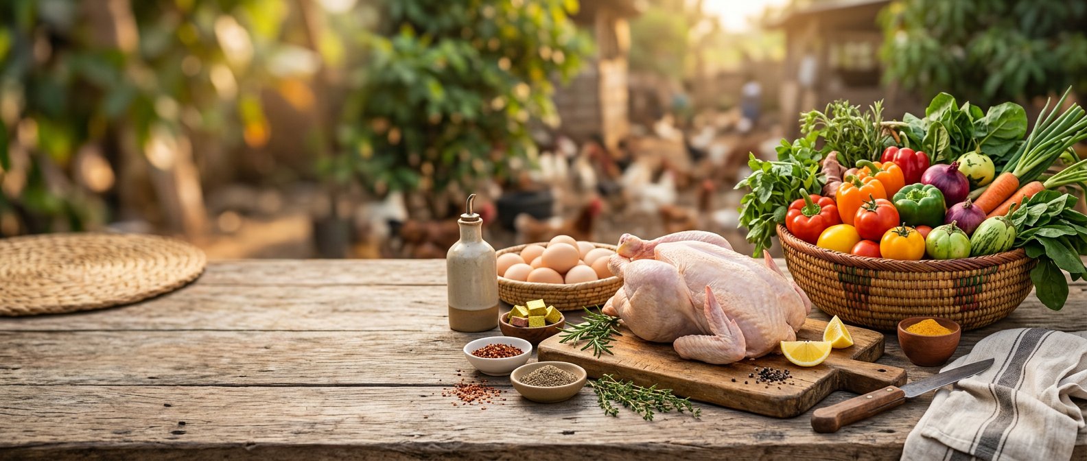 Fresh chicken and vegetables on a farm table